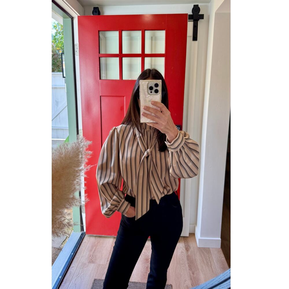 Vintage Gold & Black Striped Blouse w/ Matching Neck Tie (Fits S–M)